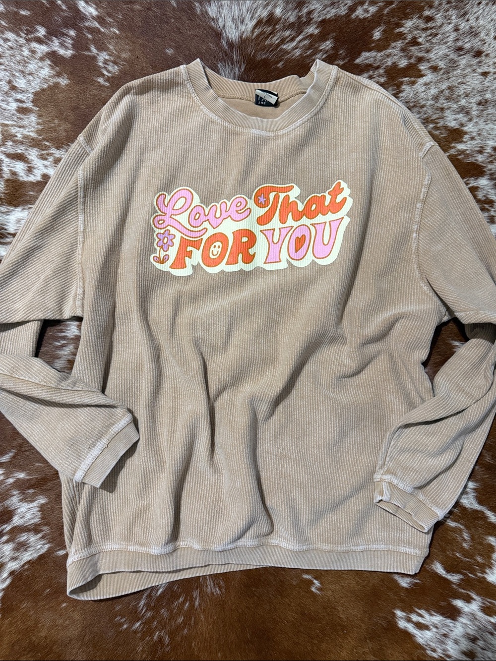 Retro Graphic 'Love That For You' Beige Corded Sweatshirt